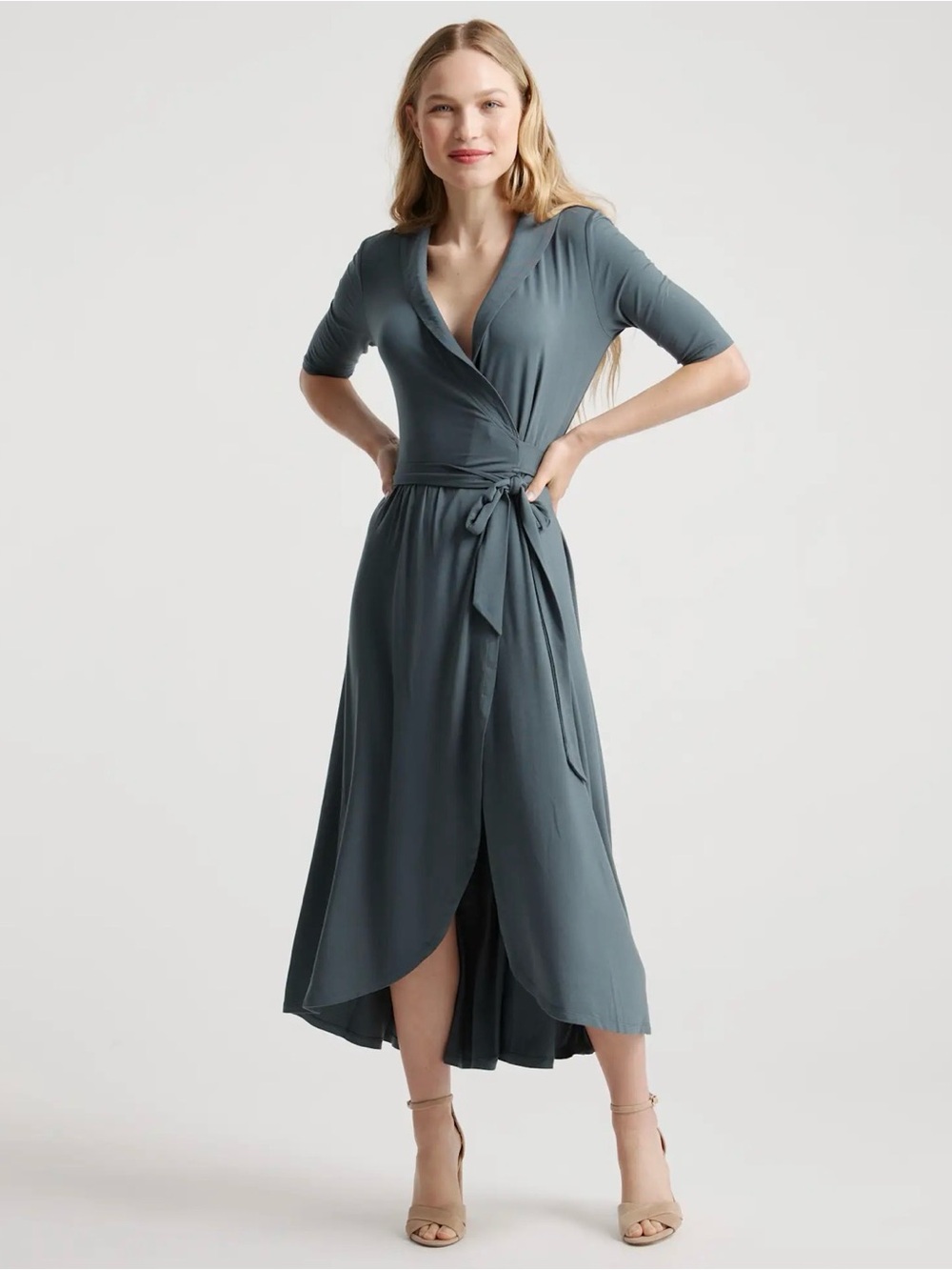 Quince Dark Olive High-Low Wrap Dress